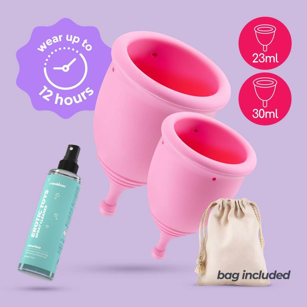 CRUSHIOUS - COPAS MENSTRUALES MINERVA (S + L) CON BOLSA Y LIMPIADOR DE JUGUETES 150 ML