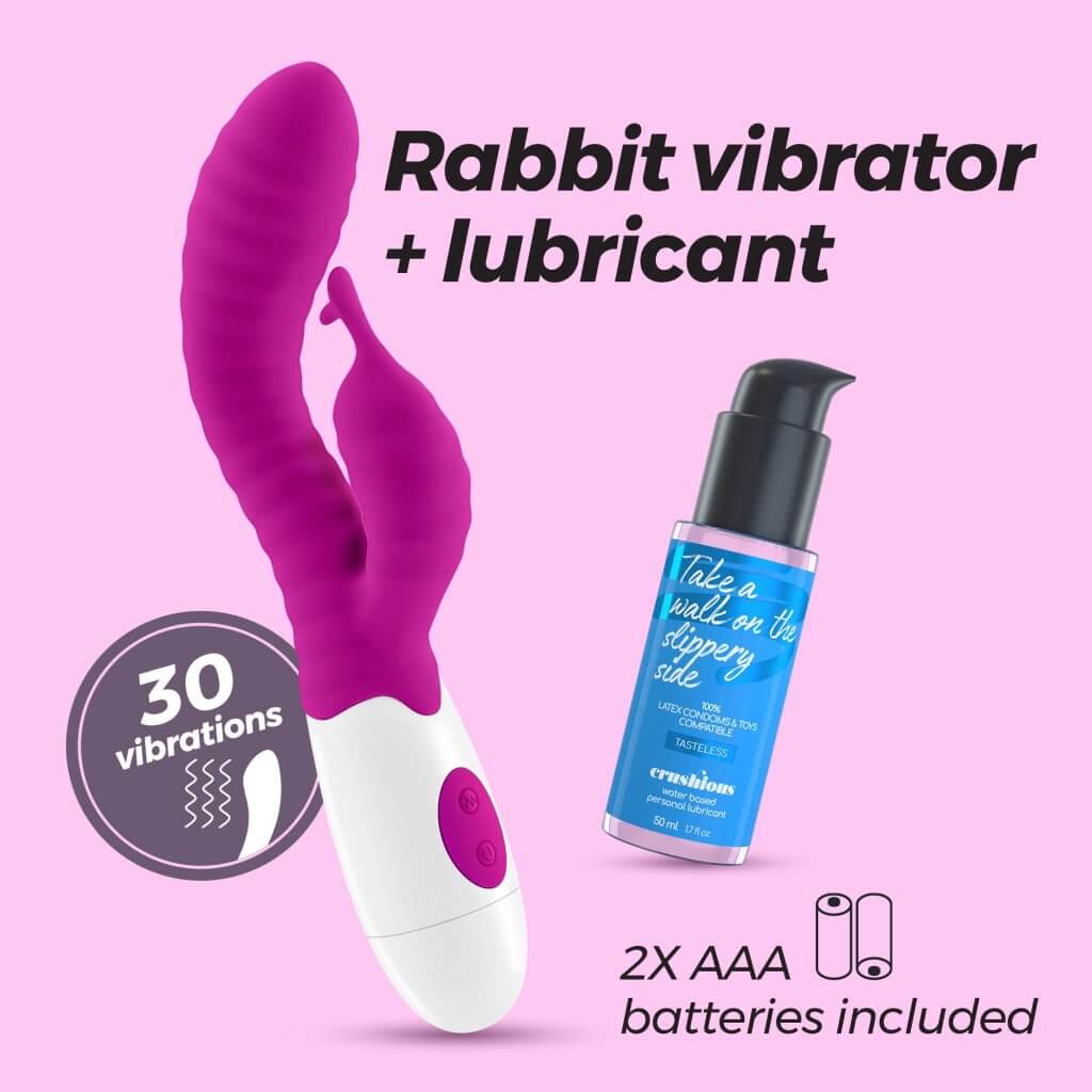 CRUSHIOUS - VIBRADOR CON ESTIMULADOR DE CLÍTORIS GUMMIE MORADO Y LUBRICANTE DE BASE AGUA INCLUIDO