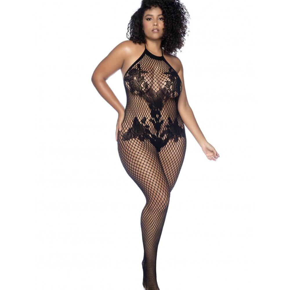 MAPALÉ - MOD. 1116X HALTER AND CROTCHLESS FLORAL BODYSTOCKING BLACK TALLA GRANDE - Imagen 3